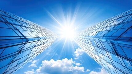 A vibrant image of two skyscrapers reaching towards a bright sun against a clear blue sky, symbolizing ambition and progress.