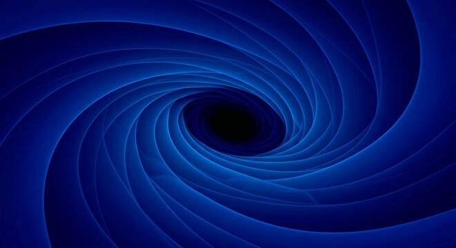 Deep blue spiral vortex with layered concentric circles creating dramatic tunnel perspective effect on dark navy background for abstract digital illustration