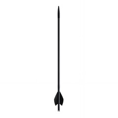Black sport arrow with fletching feathers isolated on white background for archery target practice and hunting equipment