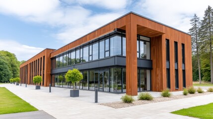 A modern building featuring a wooden facade, large glass windows, and landscaped surroundings, creating an inviting and contemporary atmosphere.