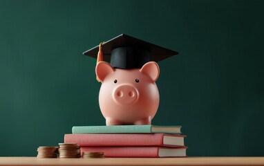 Saving for education a piggy bank on books classroom financial literacy motivational close-up future planning