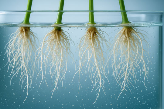 Primer plano de ra&iacute;ces de plantas suspendidas.
Raices en agua rica en nutrientes, tecnolog&iacute;a agr&iacute;cola limpia y eficiente, enfoque cient&iacute;fico