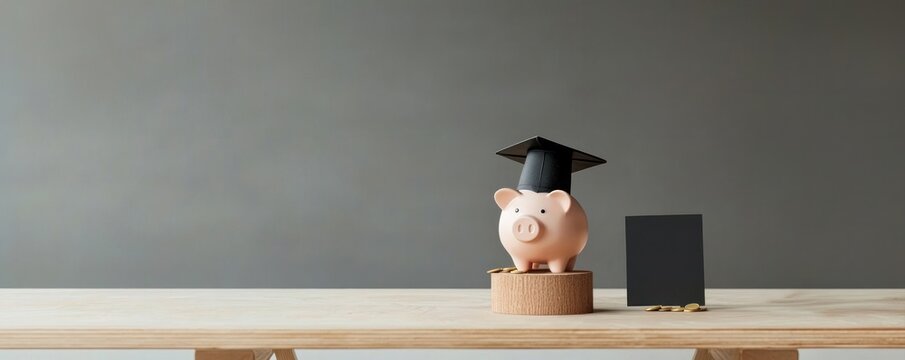 Graduation celebration for financial success piggy bank with cap home desk photo minimalist close-up savings concept - Powered by Adobe