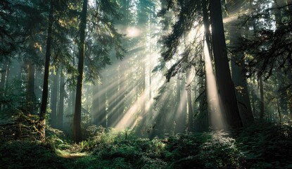 Obraz premium Sunlight streams through a dense, misty forest