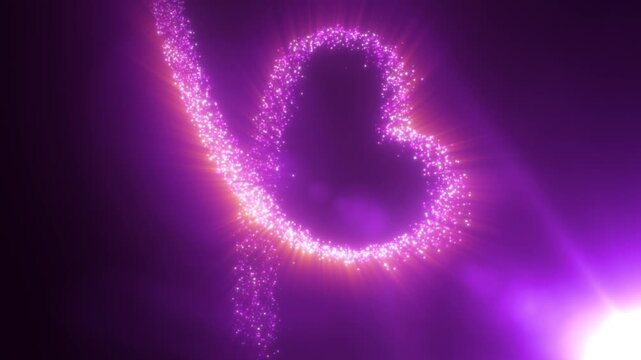 A glowing purple heart shape made of sparkling particles with radiant light effects. Romantic, dreamy, and magical design