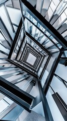 An aerial shot of a spiral staircase in a modern building, looking straight down to create a hypnotic geometric pattern.