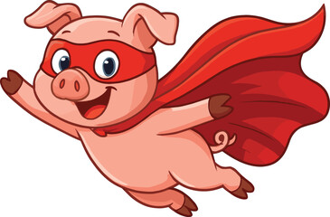 Happy Flying Super Pig Superhero Mascot Cartoon Illustration - a charming and cheerful illustration of a flying superhero pig, perfect for children's designs and animal themes.