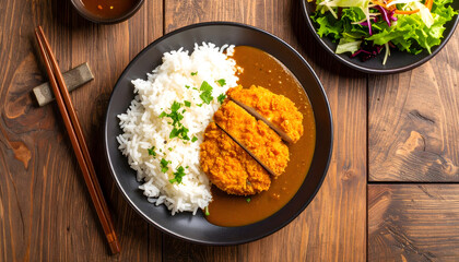 A top-down view of a Japanese Katsu Curry plate with crispy fried cutlet, white rice, and rich brown sauce, accompanied by a fresh salad and chopsticks on a wooden table.