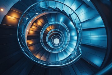 An aerial shot of a spiral staircase in a modern building, looking straight down to create a hypnotic geometric pattern.