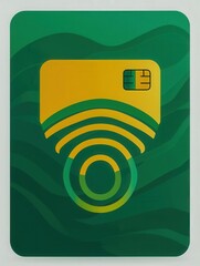 flat design contactless payment symbol with radiating waves green and gold on symbol .