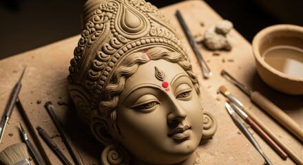 Sculptor Crafts Intricate Clay Goddess Face with Traditional Artistry