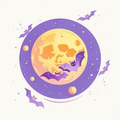 flat design Halloween pumpkins and bats purple and orange on moon .