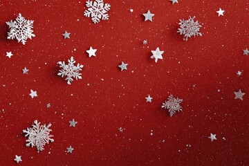 Festive red background adorned with white snowflakes and stars