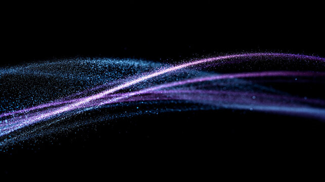 Cyan and purple light trails blend diagonally over black background, creating dynamic and ethereal effect
