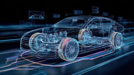 Transparent holographic car with internal structure and blue light effects showcasing automotive technology, futuristic 3D render design.