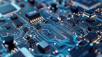 Fototapeta premium The Background of Technology Circuit Chips: From Early Semiconductor Foundations to Advanced Integrated Systems, Encompassing Evolution of Manufacturing Processes, Materials Science Breakthroughs