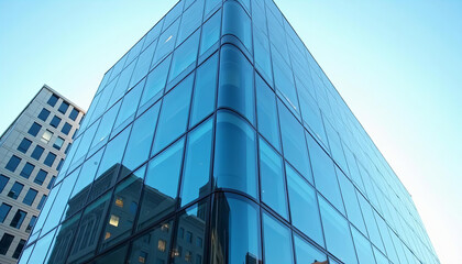 Fototapeta premium Modern glass office building exterior at sunset 