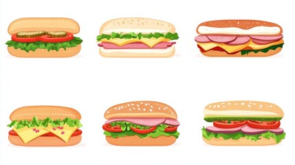 Variety of illustrated sandwiches with various fillings.