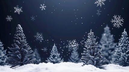 flat design winter scene with abstract snowflakes and evergreen trees in navy and silver gradient .