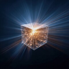 floating abstract cube emitting radiant beams representing innovation