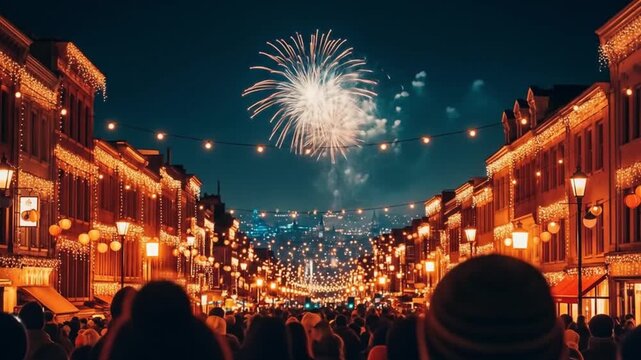 Crowds watch dazzling fireworks illuminating a street with warm lights. Suitable for new years eve, celebration, festive events, urban scenes.