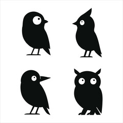 Black silhouette cartoon bird illustration set with distinct features ideal for playful animal vector packs