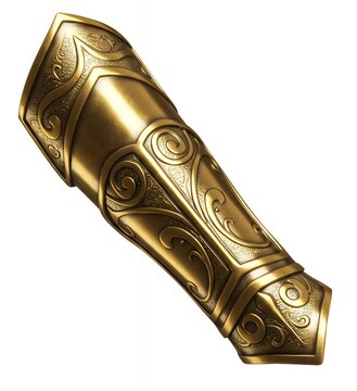 Magnificent golden armor bracer detailed view showing intricate Celtic knotwork and swirl engravings for high-end fantasy costume collectors