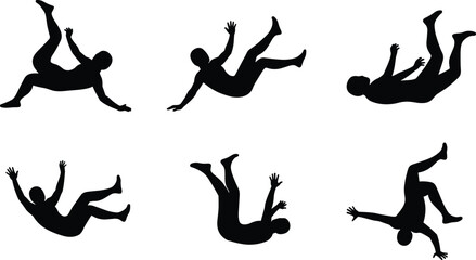 Falling people silhouettes vector set, dynamic human figures in midair poses, isolated black shapes on white, gravity, danger, safety, motion, editable design, stock illustration