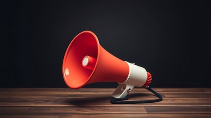 Megaphone placed on a wooden surface against a dark background.