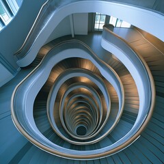 Fototapeta premium An aerial shot of a spiral staircase in a modern building, looking straight down to create a hypnotic geometric pattern.