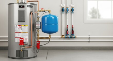 Wide shot of a modern water heater system with an expansion tank addon installed emphasizing safety features.