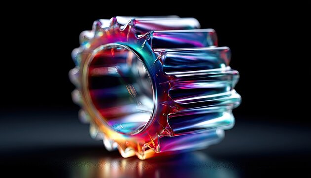 Colorful, iridescent gear against dark background