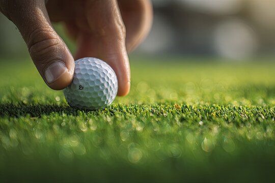 Close-up of a golfer's hand placing a golf ball on a green