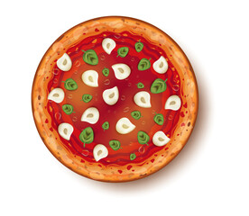 Pizza Marinara. Classic Italian cuisine pizza. Realistic art, tomato sauce, garlic, oregano, olive oil. Close-up of Italian food. Used for menus and advertising