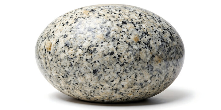 A single, smooth, round granite pebble with a speckled texture, isolated on a white background