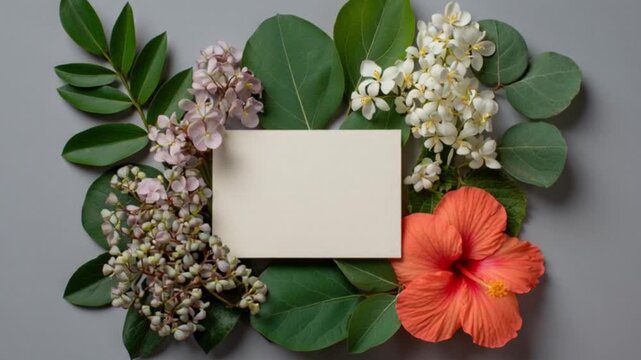 Flowers  card on gray Hibiscus lilacs jasmine  eucalyptus frame a blank card on a gray surface