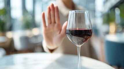 A glass of burgundy temptation dismissed by a Caucasian female silhouette, echoing Sober October and Dry January resolve