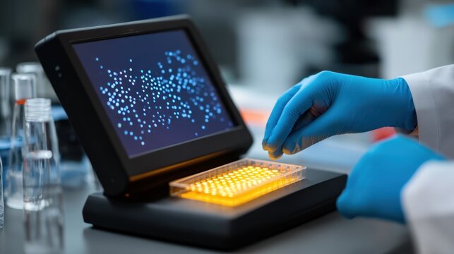 Medium shot emphasizing the glowing analyzer screen tracking mRNA particle size fluctuations with blurred technician hands adjusting experimental controls nearby.
