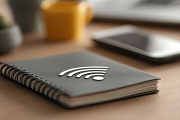 A gray spiral-bound notebook with a wireless symbol on the cover, resting on a wooden surface with various office supplies in soft focus
