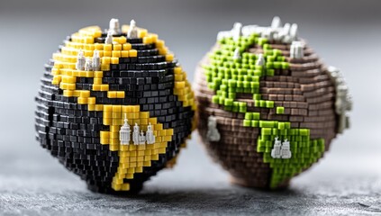 Two pixelated globes, one predominantly black and yellow, the other brown and green, depicting continents. Small white figures are placed on top