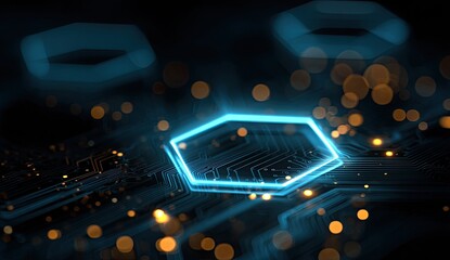 Abstract circuit board with glowing blue hexagon