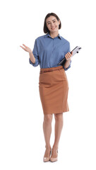 Smiling hostess in uniform with clipboard on white background