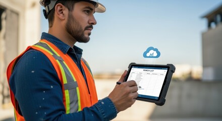 Worker marking off punchlist items on a cloudconnected tablet documenting construction defects during an exterior walkthrough.