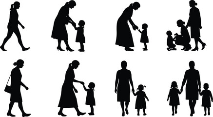 Mother, child, silhouette, walking, holding hands, parenting, family, bond, relationship, love, care, vector, illustration, 