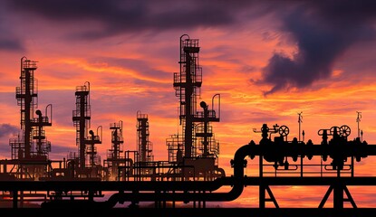 Silhouette of an industrial plant at sunset