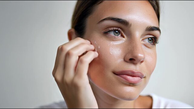 Portrait of a beautiful woman applying moisturizer to her cheek. The woman has big eyes and looks away from the frame.