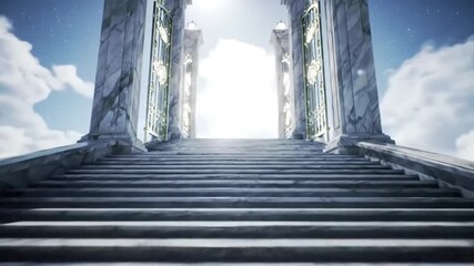 majestic marble staircase ascending into glowing heavenly gates with clouds drifting on both sides - Powered by Adobe