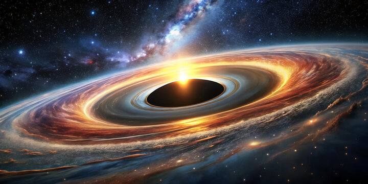 A mesmerizing depiction of a supermassive black hole with a glowing accretion disk, set against the backdrop of a starfilled galaxy and cosmic nebula