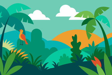 Flat Design Jungle With Exotic Plants And Birds