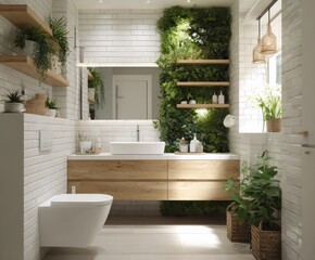 Fototapeta premium Modern bathroom interior design with a lush green wall.